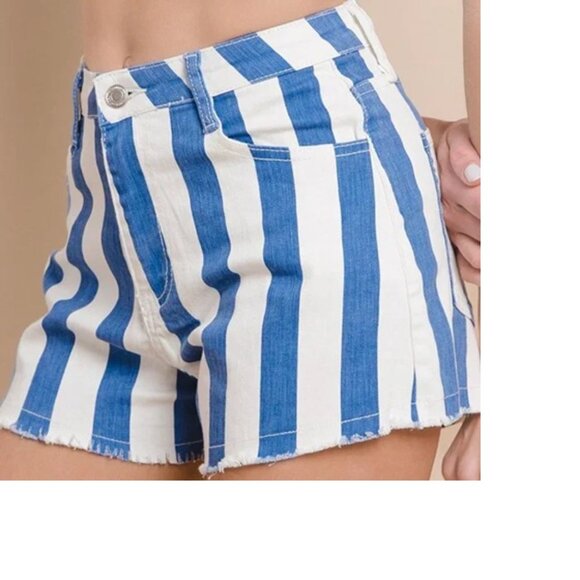 Blue and White Striped Distressed Hem Shorts - Picture 2 of 3
